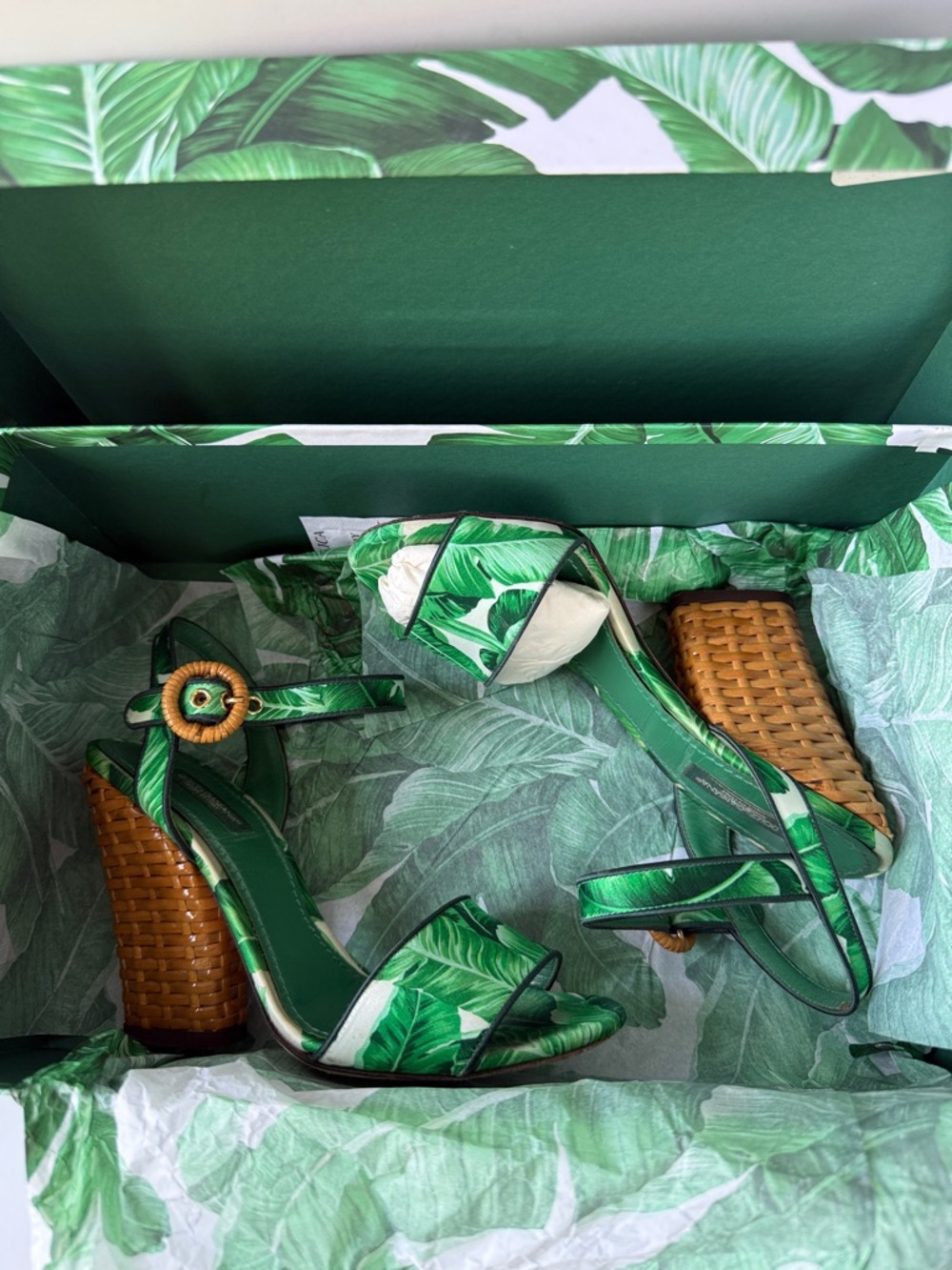 Dolce & Gabbana Palm-Print Green Banana Leaf Raffia Block Heel Sandals size 7 - Picture 14 of 17